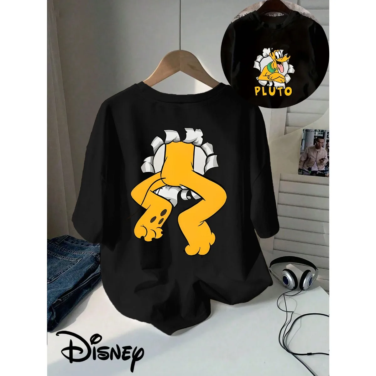 

Disney Women's Pluto Pattern T-shirt Double sided Printed Round Neck Classic Cartoon Design Casual Wear Autumn/Winter New
