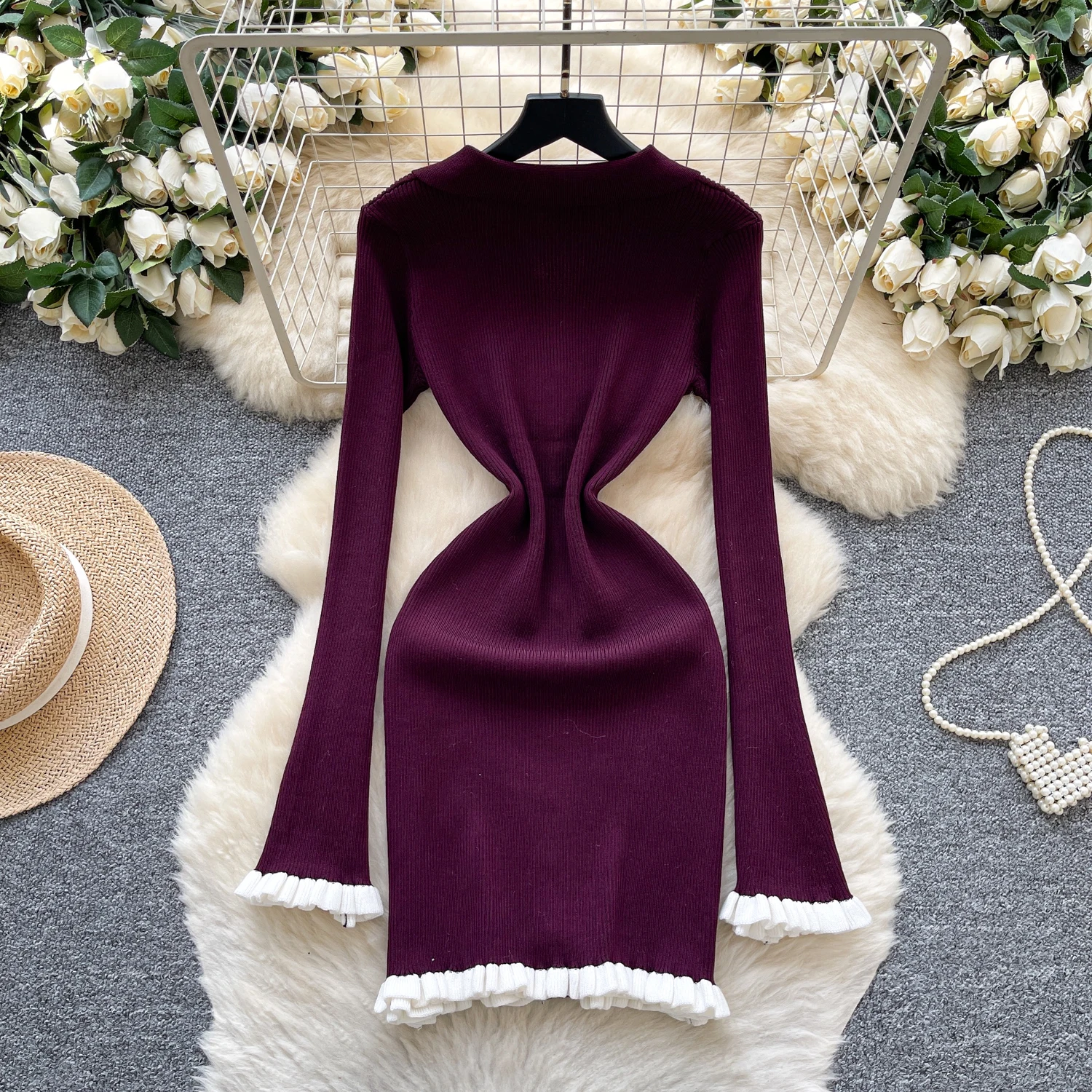 Chic vintage Impiombato aderente manica lunga Maglia Elegante Fata moda coreana Boho Vestito estivo da donna mini abito
