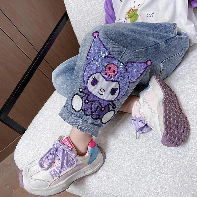 Sanrio Kuromi Kids Jeans 2024 New Cute Cartoon Retro Loose Fashion Elastic Waist Children Versatile Jeans Toys for Girl Gifts