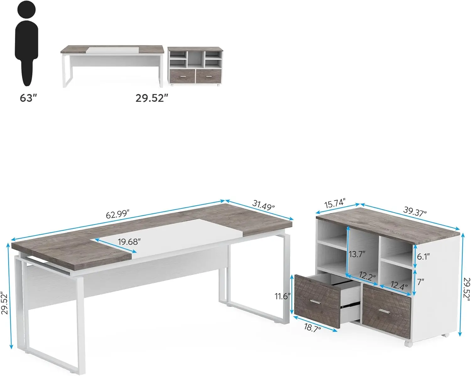 L-Shaped Executive Desk with Reversible File Cabinet, 63