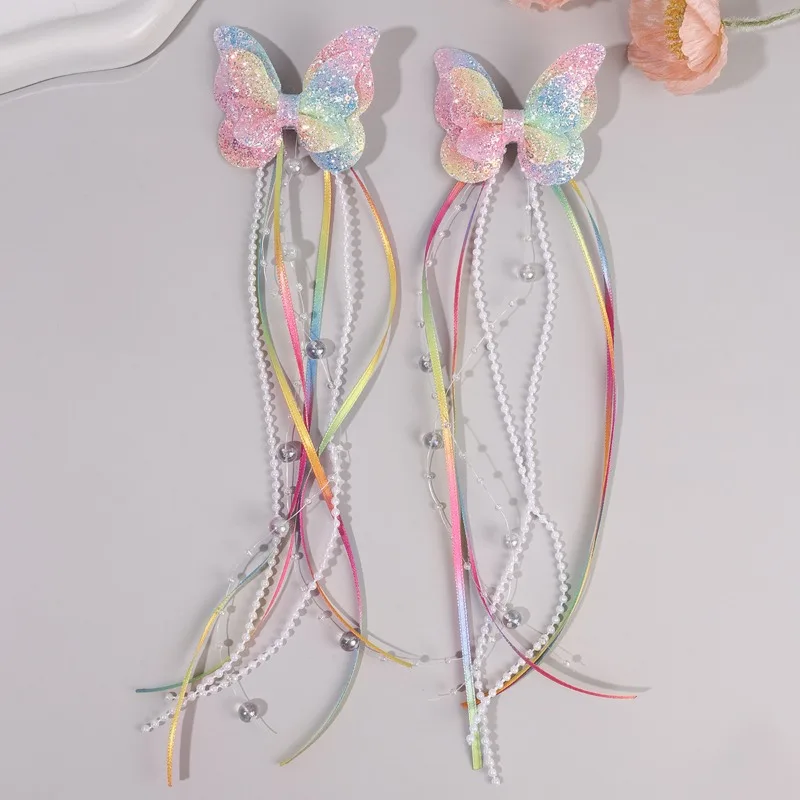 2Pc Childrens Rainbow Butterfly Sequin Hair Clip,pearl Ribbon,tassel Hair Clip,girl Braided Hair Accessory,performance Accessory image 6