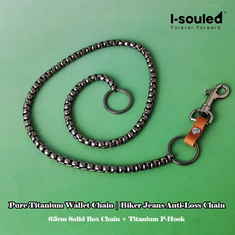 Pure Titanium Wallet Chain 63cm Solid Box Chain with Ti P-Hook Unisex Lightweight Durable Titanium Jewelry Accessory