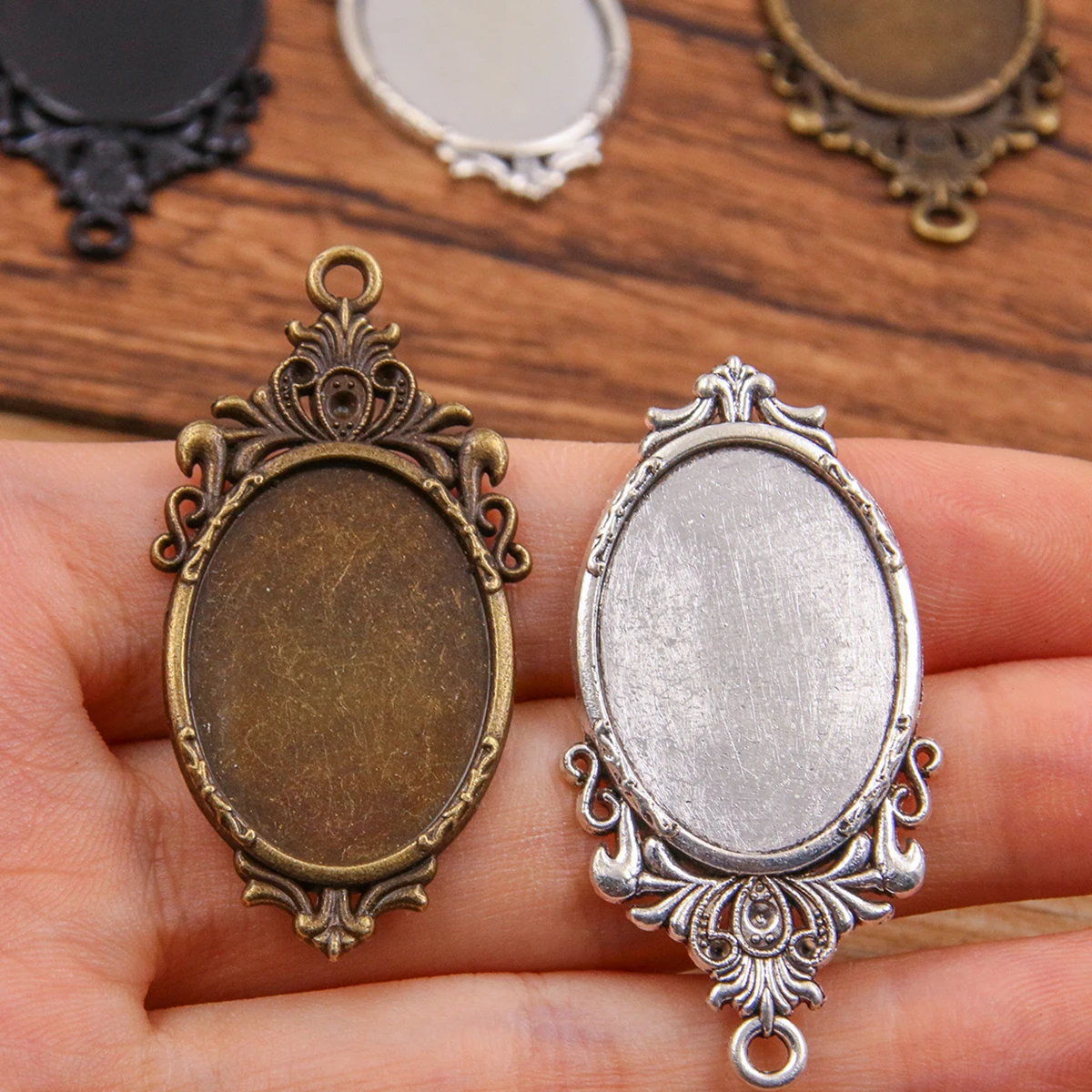 10Pcs 18*25mm Inner Size 3 Color Metal Alloy Simple Oval Cabochon Flower Pendant Setting Jewelry Findings