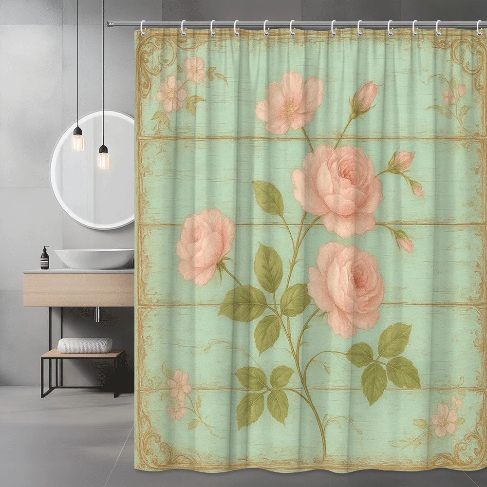 

Винтажная занавеска для душа с розовой розой, мятно-зеленый фон, цветочный художественный дизайн, романтический потертый шик, декор, водонепроницаемый, простая установка