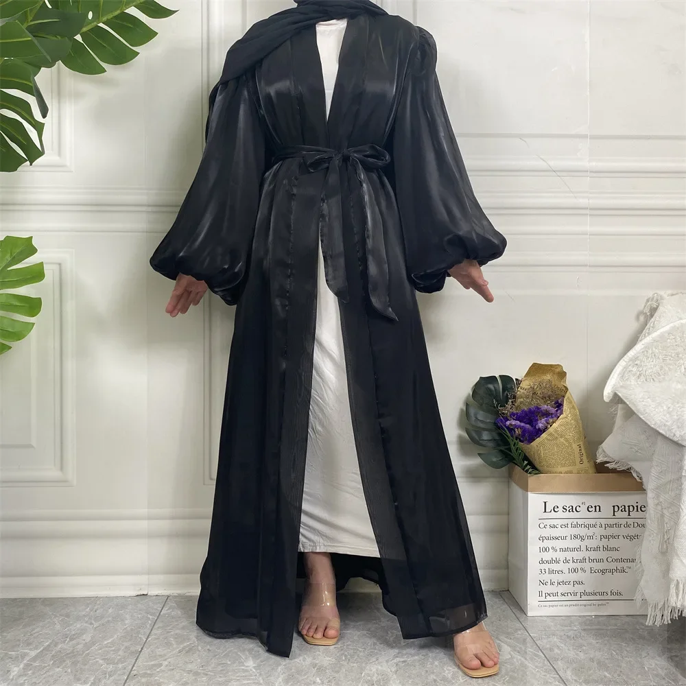 Eid Ramadan femmes musulmanes brillant Satin ouvert Abaya manches bouffantes ceinture Kimono islamique Jalabiya Maxi Robe Robe Cardigan robes