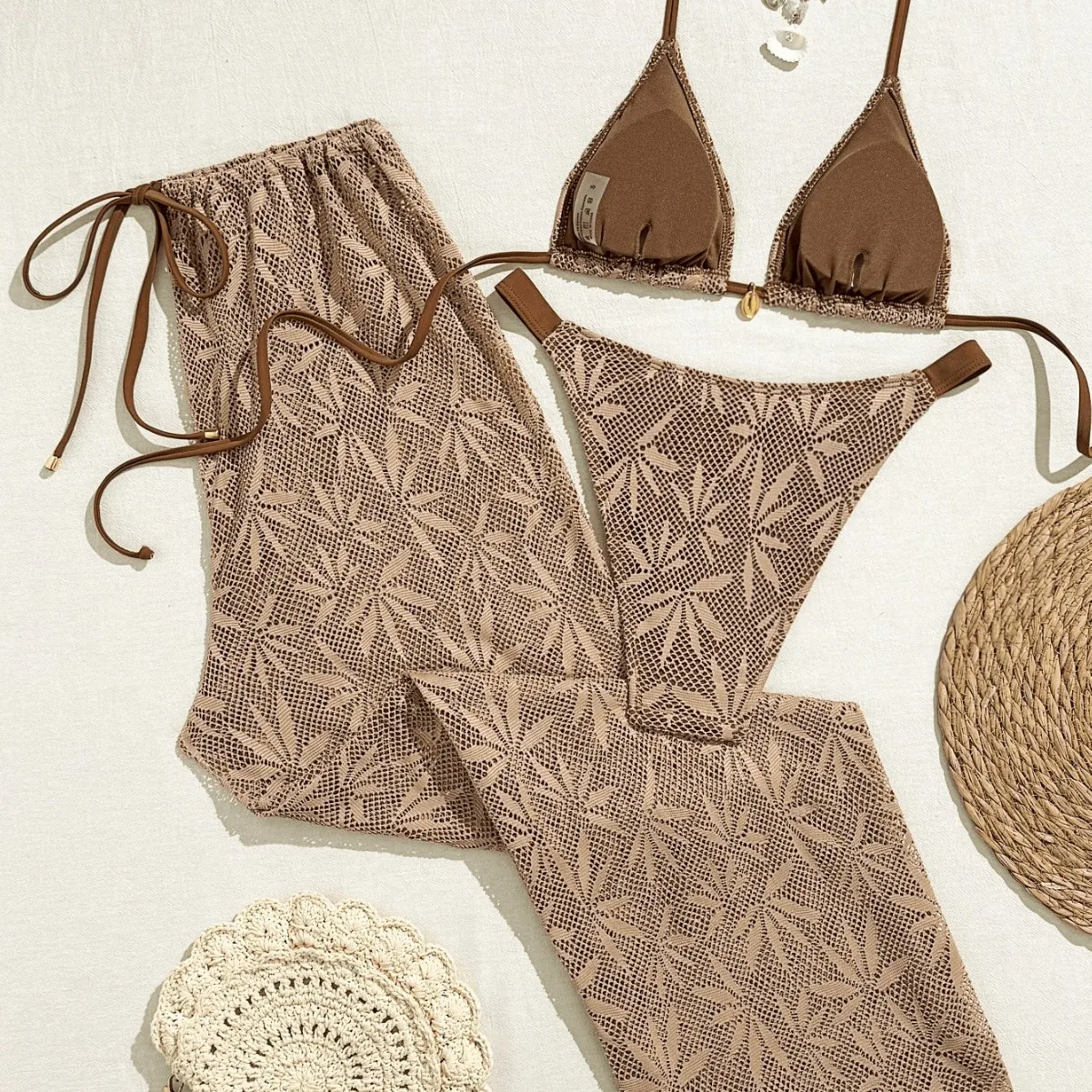 Women 3 Piece Bikini Set Leaf Crochet Triangle Swimsuit Lace Cover Up Pants Mesh Beach Swimwear Bathing Suit