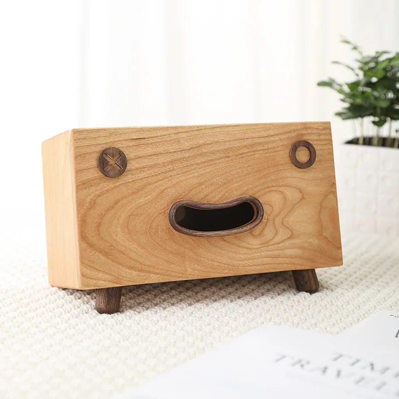 

Manufacturer wholesale cherry solid wood smiley paper box creative cartoon tissue box drop towel storage box