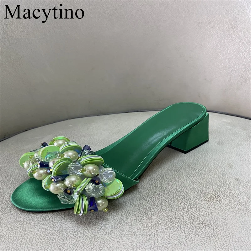 Flower Gem Rhinestone Decoration Ladies High Heel Green Slippers Low Heel Lady Shoes