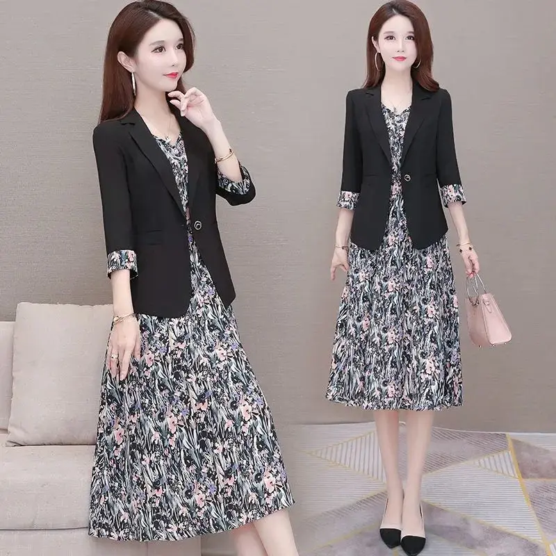 Women\'s Autumn Casual Blazers Sling Floral Dress Two Piece 2022 New Fashion Suit Jacket Midi Skirt Set Korean Elegant Chic Set