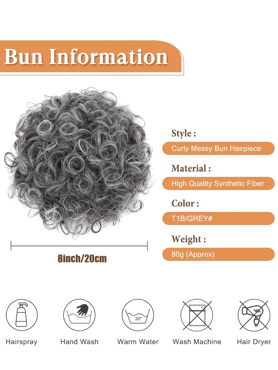 Coque fofo encaracolado cinza com prendedor - extensões de cabelo sintético de fibra de alta temperatura, laços de cabelo naturais bagunçados para mulheres