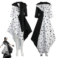Cruella Cosplay Costume DressCloak With Gloves Woman Girls Halloween Carnival Suit Cruella De Vil Costume For Adult Women