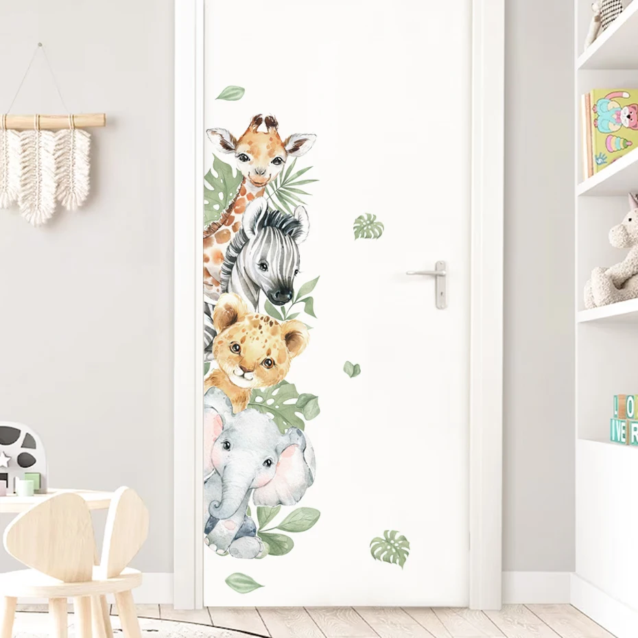 Door Stickers Cute Jungle Animals Elephant Giraffe Watercolor Wall Sticker for Kids Room Baby Nursery Room Decals Home Decor