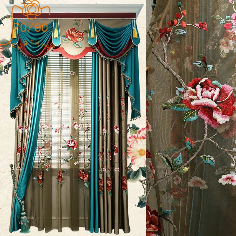 New Chinese Relief Peony Embroidered Window Gauze Champagne Patched Curtains for Living Room Bedroom French Window