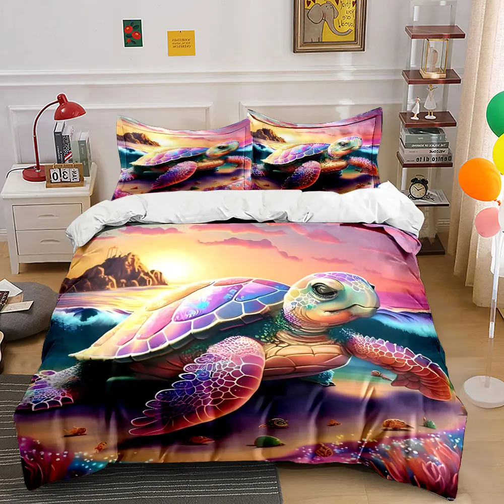 Colorful Turtle and Dreamy Sunset Pattern Duvet Cover Set Digital Print Colorful Polyester Bedding with Zipper Closur for gifts