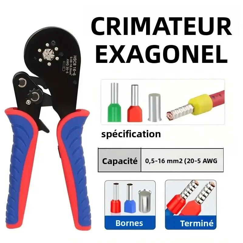 HSC8 16-6 outil de sertissage de virole 0.5-16mm2/30-5AWG bornes tubulaires pince à sertir Mini pour bornes pinces électriques