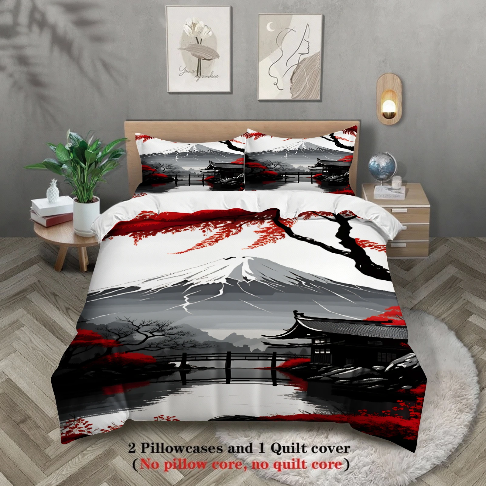3pcs Japanese Landscape Bedding Sets 3D Printed Mount Fuji And Red Maple Duvet Cover Sets With Pillowcases No Filling