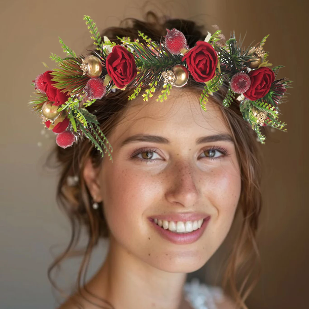 AWAYTR Wedding Party Hairband Wreath Red Berry Garland Crown Flower Headband Women Holiday Party Rose Hair Band Akcesoria do włosów
