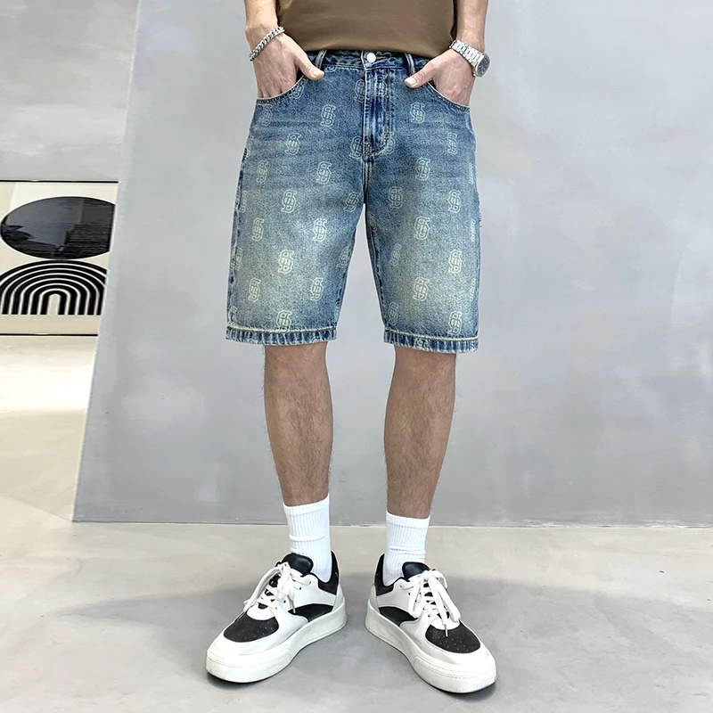 Men's Denim Shorts2024Summer New Fashion Printed Pants Loose Personality All-Matching Fashion Brand Korean Style Fifth Pants