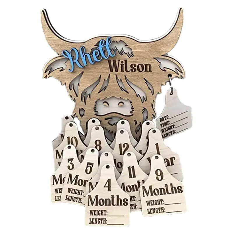 Wooden Cow Tags Month Milestone Wooden Highland Cow Milestone Mark Infant Record Tags 15 Pcs New Cow Babies Gift New To The Herd