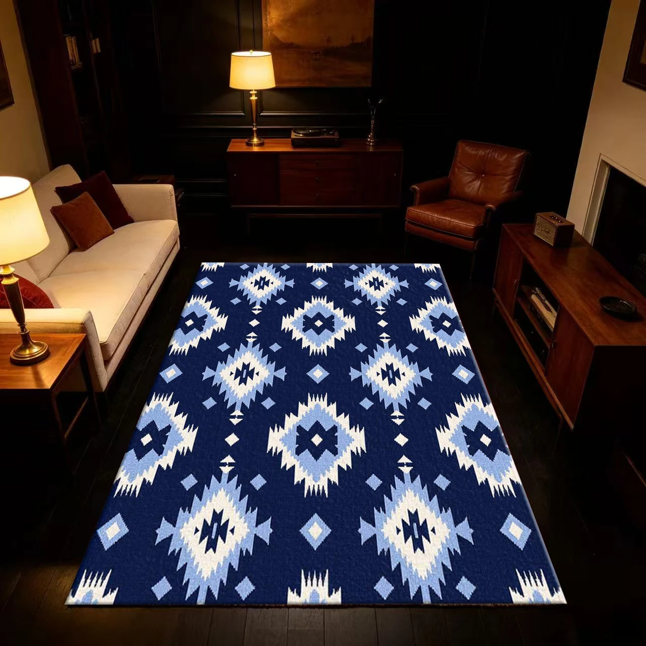 Navy Blue and White Bohemian Aztec Tribal Geometric Pattern Carpet Floor Non-Slip Mat