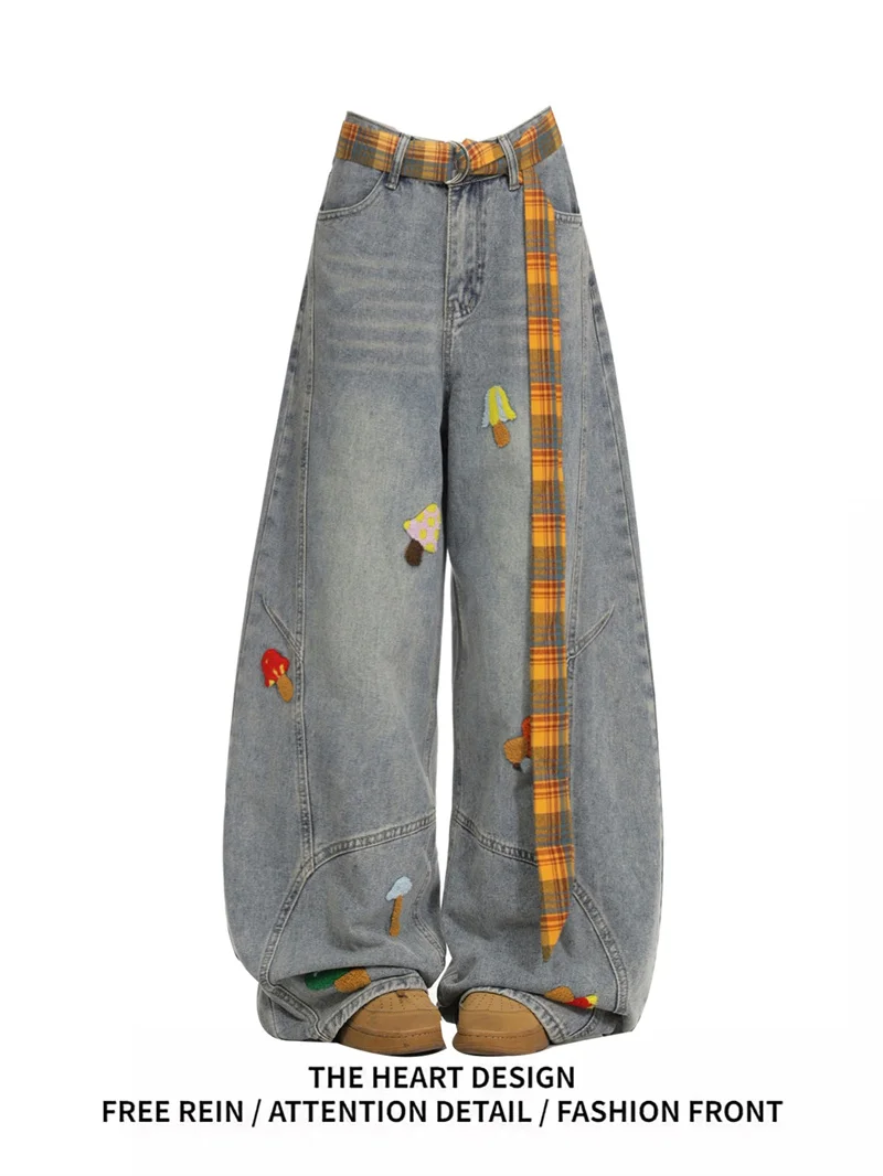 

Мужские джинсы с вышивкой в стиле ретро-мультфильмов, свободные, широкие штанины, с высокой талией, осенний дизайн, повседневные, прямого кроя