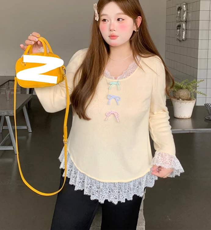 حجم كبير كم طويل الحلو الدانتيل الربط طاقم الرقبة محبوك سترة ربيع الخريف موضة تنوعا الحد من العمر سترة صفراء #3