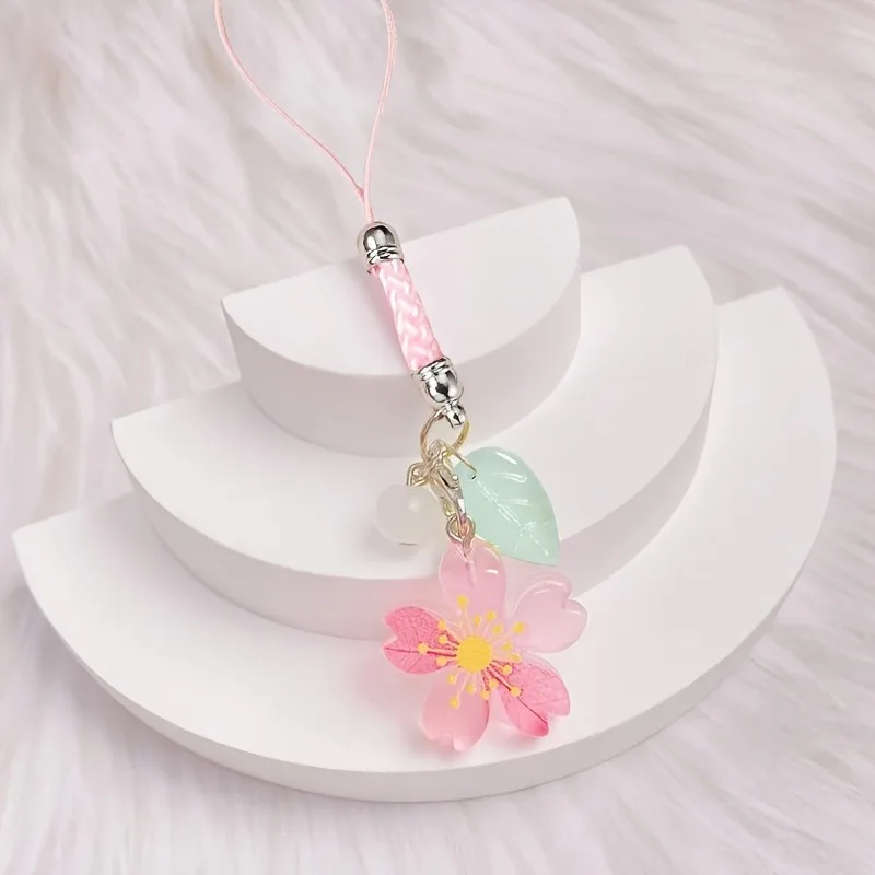 Super Cute Sakura Flowers Charms For IPhone/Samsung/Huawei Mobile Phone Case Keychain Car Key Chains Headset Cover Hanging Rope