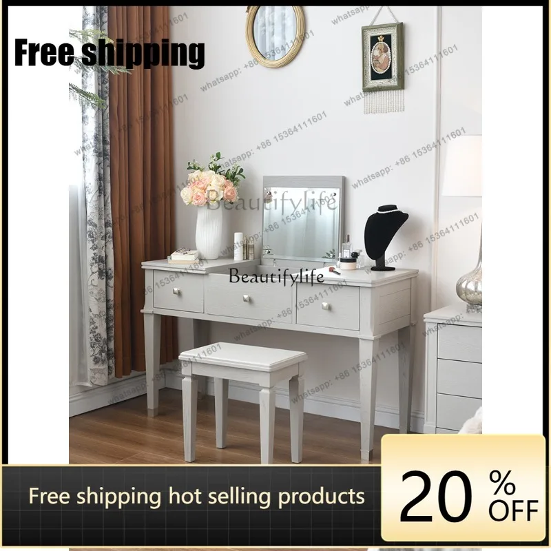 JJ -American simple bedroom dresser makeup mirror ash wood desk dresser integrated dual-purpose