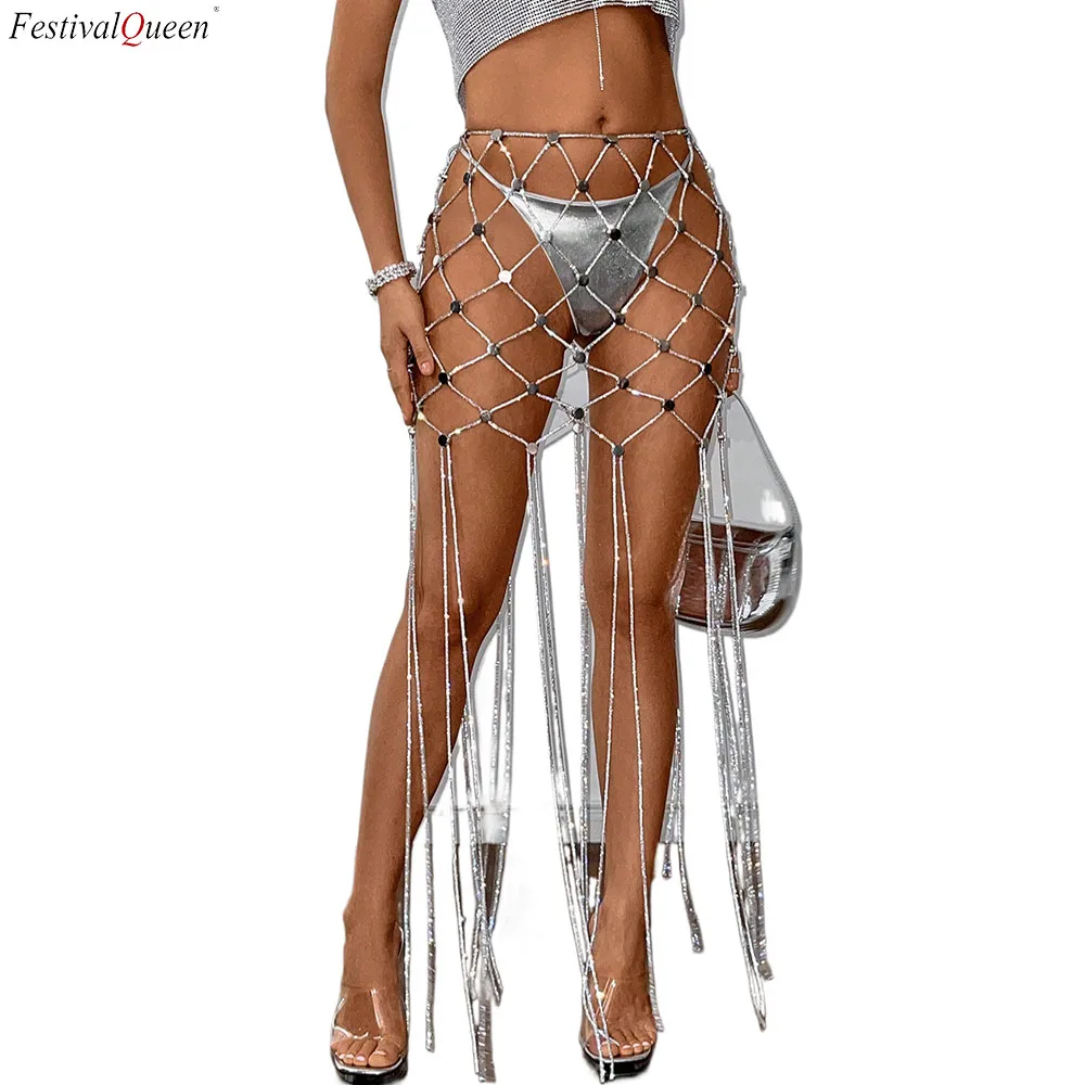 FestivalQueen Sexy Rhinestone Hollow Out Fringed Skirt Summer Women's Metal Skirt Night Girl Costume