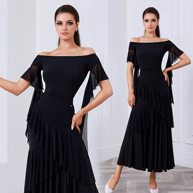 2025 schwarz Ballroom Dance Kleid Standard Modern Dance Kleidung Frauen Walzer Leistung Tragen Off Schulter Body Rock AMY 2555