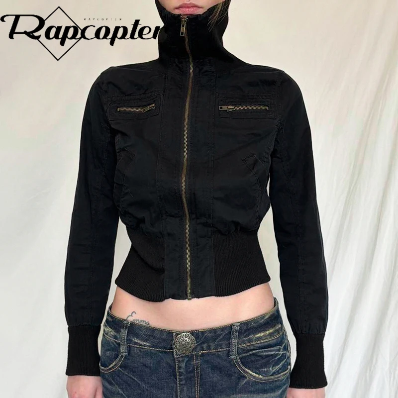 Rapcopter Black Zipper Jacktes Pockets Cropped Cargo Coat Women Autumn Winter Streetwear Vintage Fashion Outwear Korean Gothic