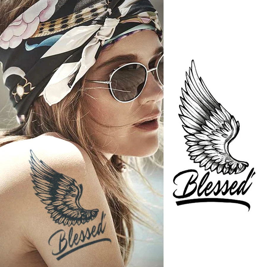 Independent design of sacred angel wings letter graffiti herbal dye temporary tattoo, lasting for 15 days, real tattoo experience, temporary tattoo