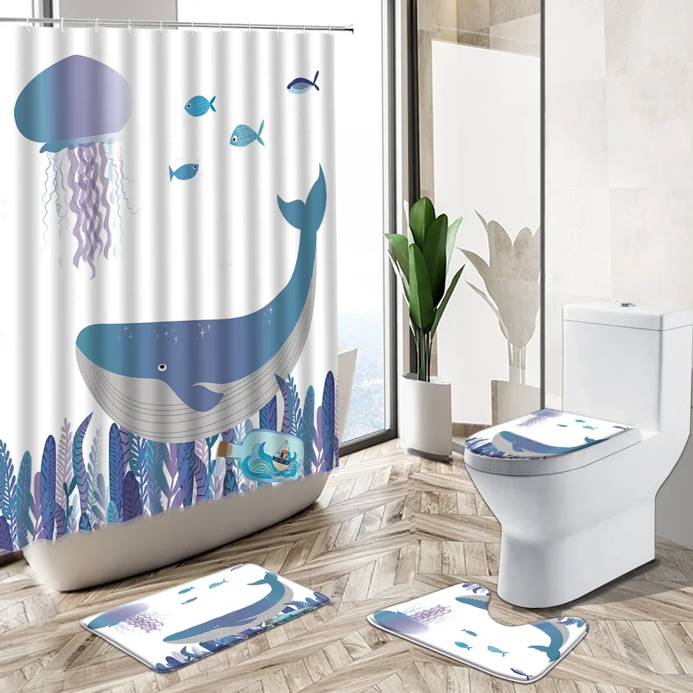 Cartoon Fun Dolphin Shower Curtain Set Marine Animal Anchor Lighthouse Home Decor Bath Mat Toilet Cover Flannel Bathroom Carpet