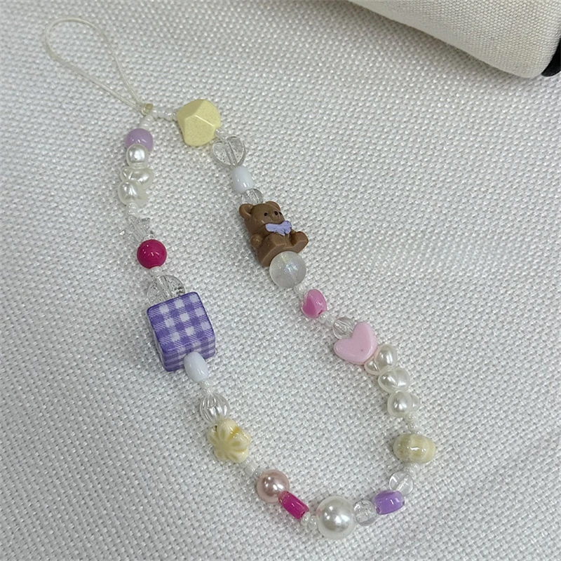 Korean Cute 3D Bear Flower Heart Beaded Phone Chain Charm Lanyard For iPhone 15 14 Samsung Universal Accessories Jewelry Pendant