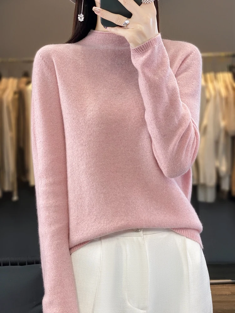 Addonee New Chic Women Sweater Autumn Winter Mock Neck Pullover 1000% Merino Wool Soft Cashmere Knitwear Grace Female Clothing