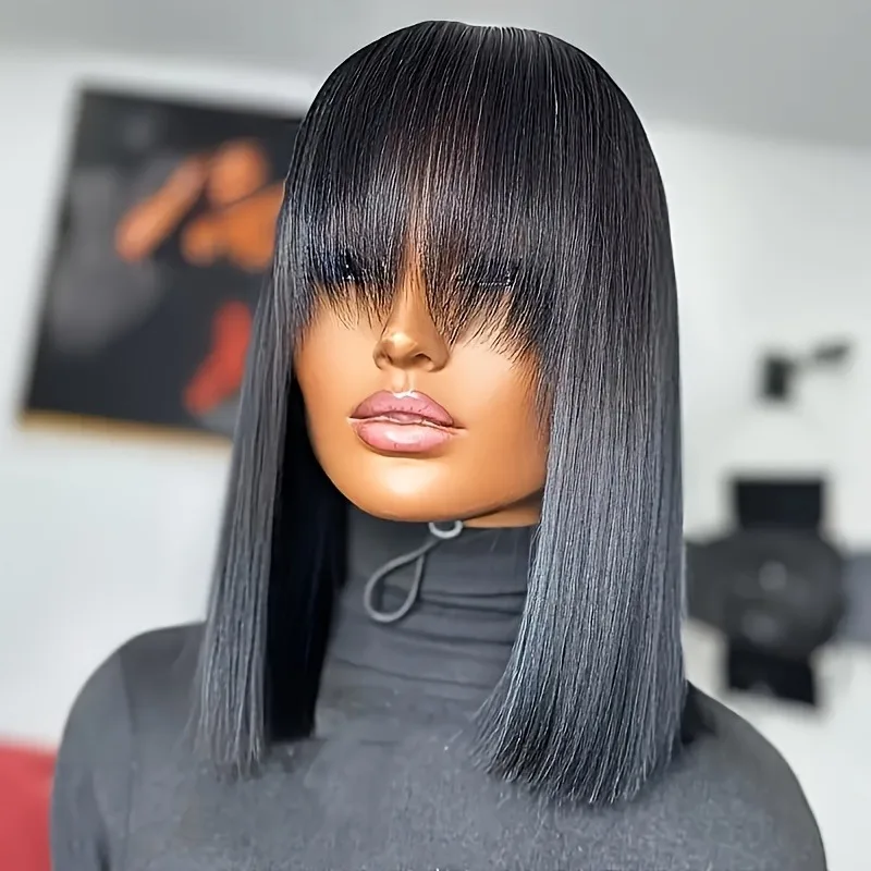 شعر مستعار أسود قصير بوب مستقيم الدانتيل الجبهة الباروكات مع الانفجارات 13X4 HD بوب الدانتيل الباروكة الأمامية قبل قطعها الاصطناعية تأثيري للنساء