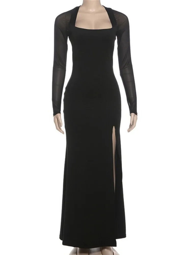 أنيقة شبكة المخملية المرقعة Bodycon فستان المرأة الجديدة عالية الشق مثير شاش شفاف Bodycon نادي الحفلات فستان سهرة #6