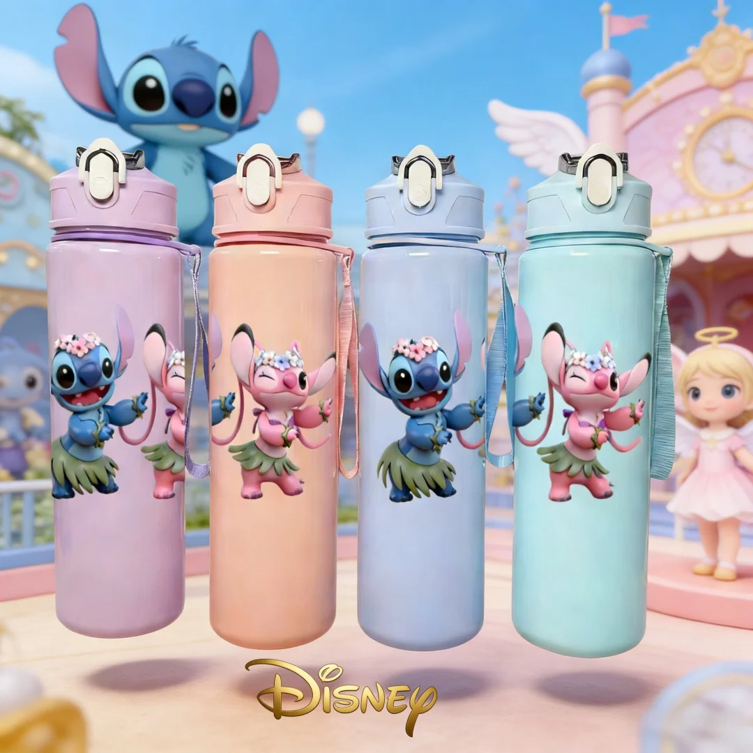 

Бутылка для воды с 3D-принтом Disney Hula Stitch & Angel, новая крышка с кнопочным механизмом, многоразовая, легкая, устойчивая к выцветанию