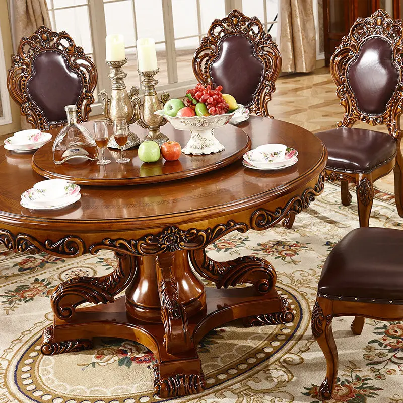 Solid wood carving flower paint American marble living room dining table dining room furniture