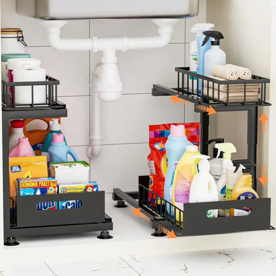 

Pack Under Sink Organizer, Heavy Duty Metal Slide Out Sink Shelf Organizer Height Adjustable, MultiPurpose Storage Shelf for Kit