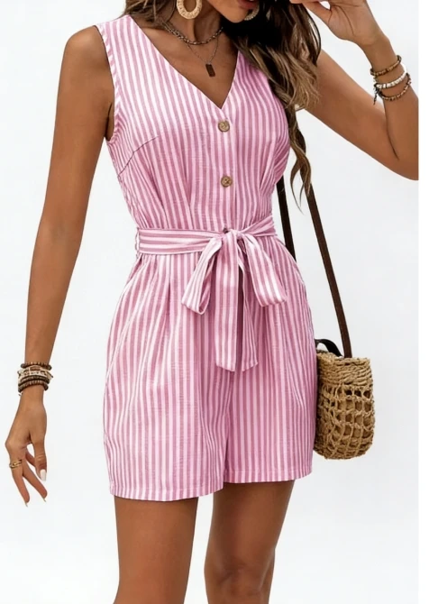 Women's Sleeveless V - Neck Romper, Striped Pattern with Button Front and Self - Tie Belt, Minimalist Jumpsuit Design