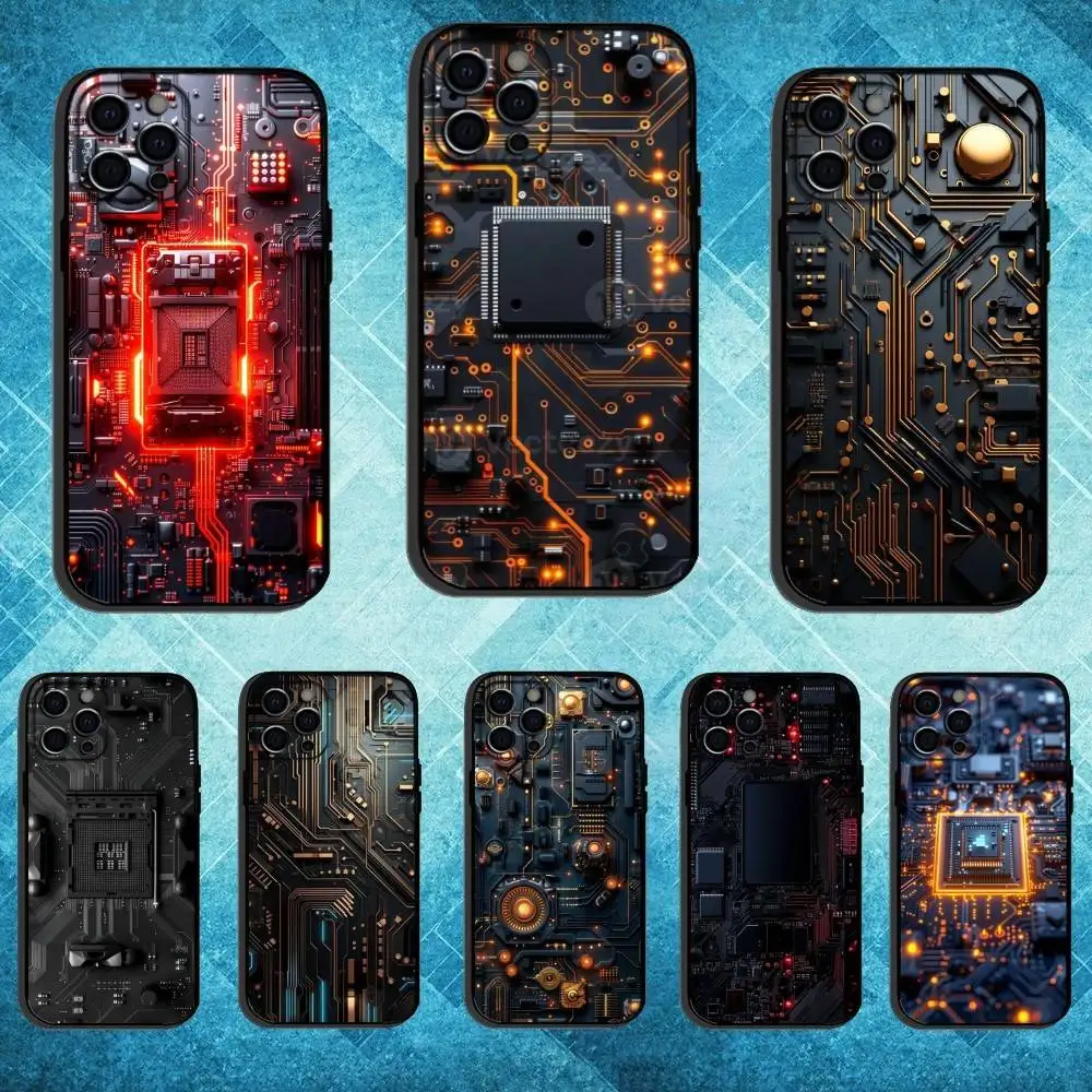 حافظة هاتف بتقنية لوحة الدائرة الكهربائية ai لهاتف iPhone17,16,15,14,13,12,11 Plus، Pro Max غطاء أسود ناعم #1