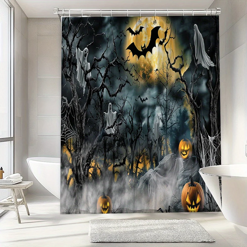 Halloween Shower Curtain - Spooky Forest Design with Ghosts, Bats, Jack-O-Lanterns & Full Moon
