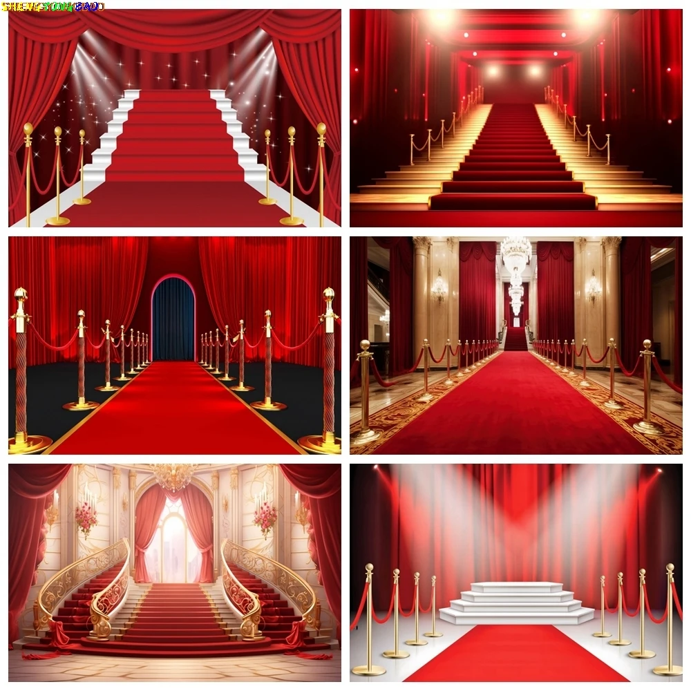 

Red Stage Backdrop Carpet Stairway Spotlight Birthday Party Wedding Celebration Portrait Photography Background Photo Studio