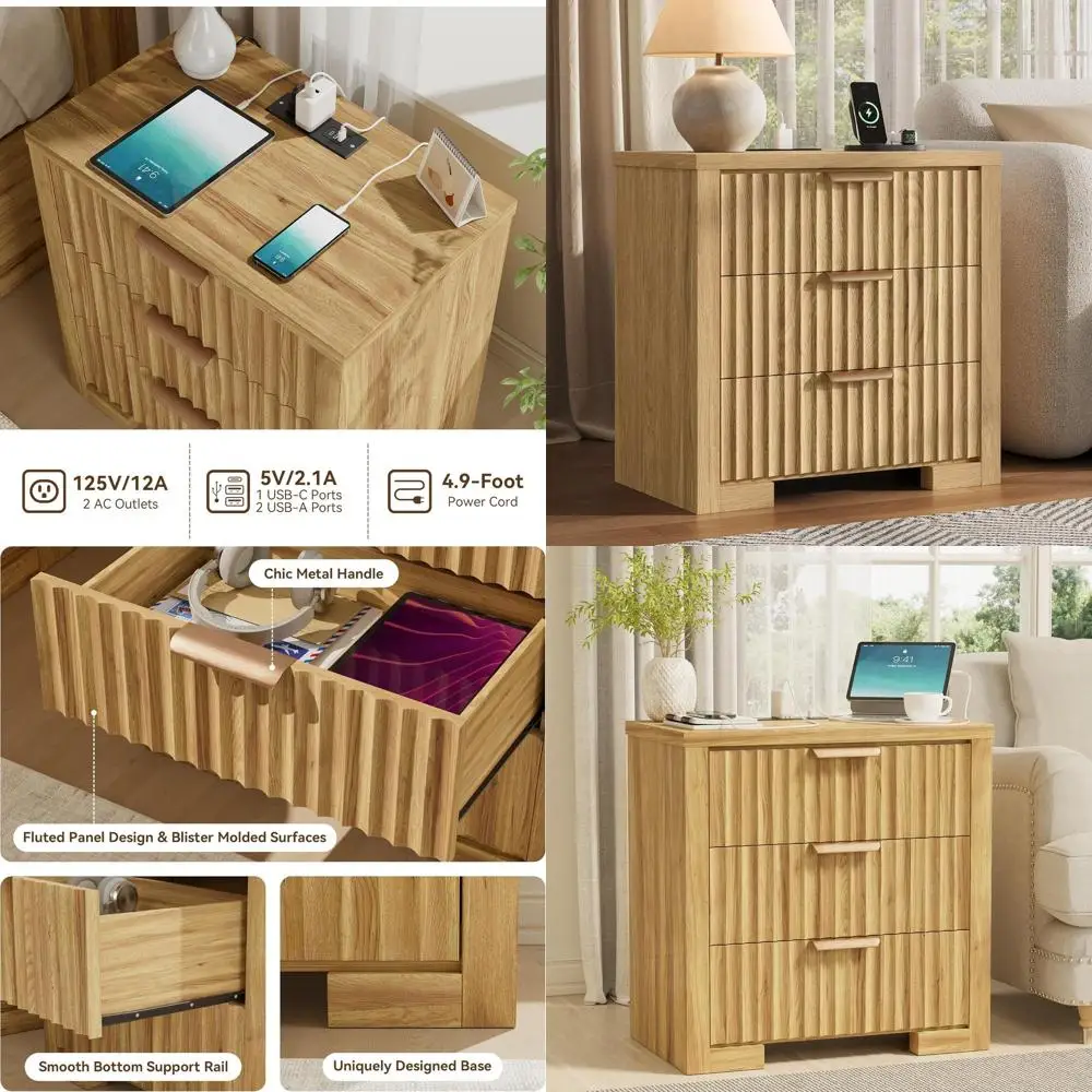 

Современная прикроватная тумба из натурального дуба с 3 ящиками, рифленым дизайном и зарядной станцией для спальни или домашнего офиса