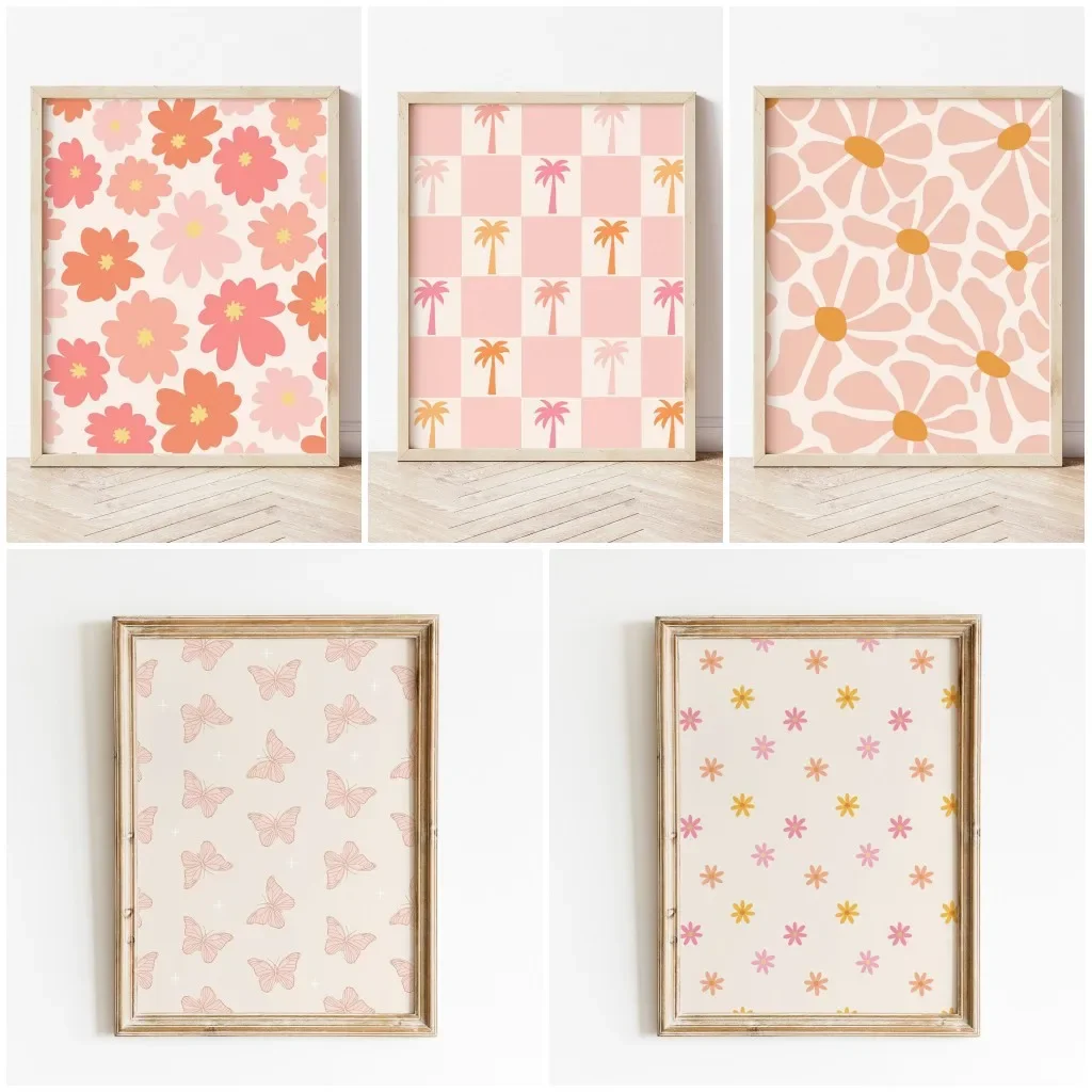 Pink Groovy Boho Spring Flowers Canvas Print Checkered Palms Butterfly Pattern Poster Decorations for Wall Art