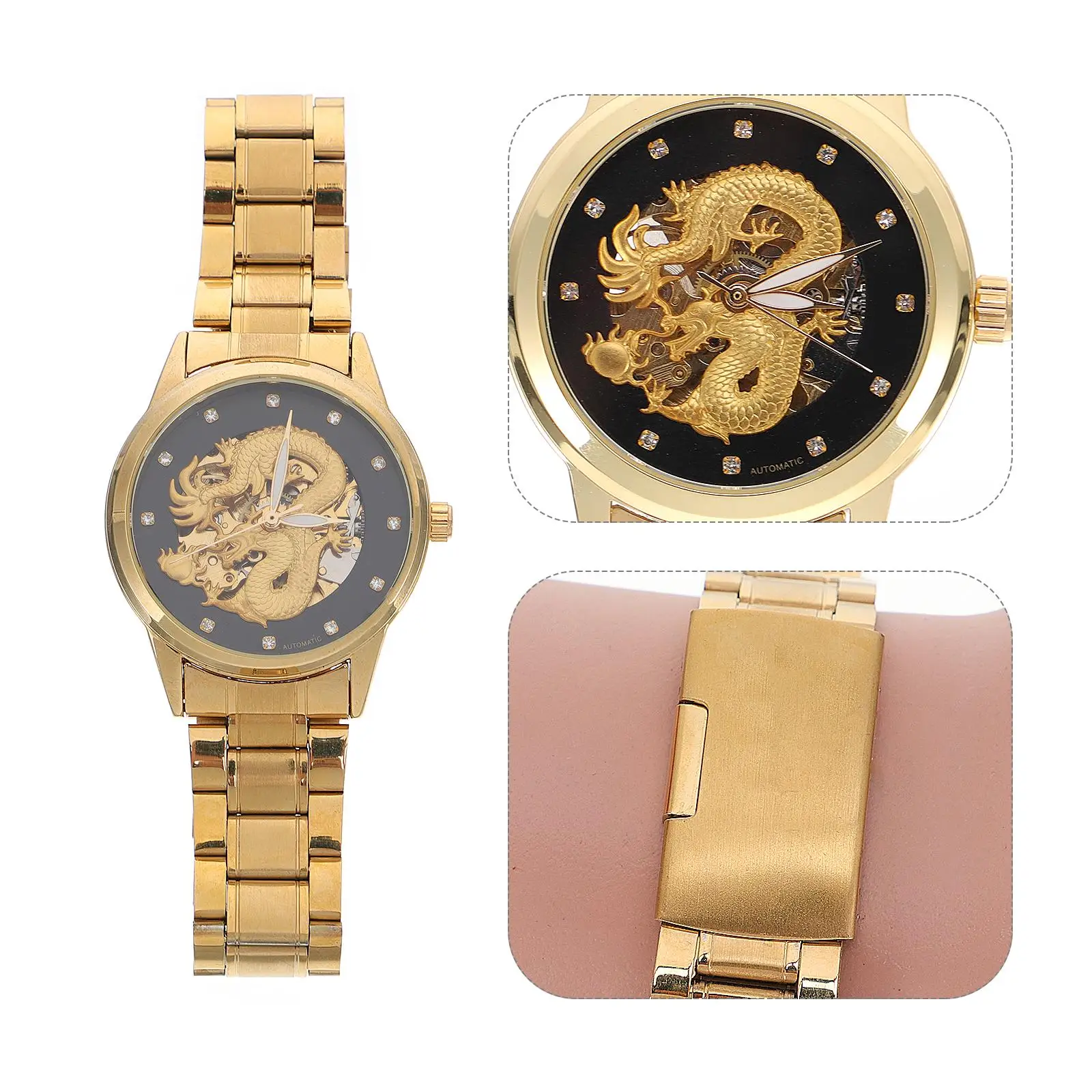 Orologio meccanico impermeabile da uomo in acciaio inossidabile da lavoro quadrante scavato elegante moda maschile nero da polso alto