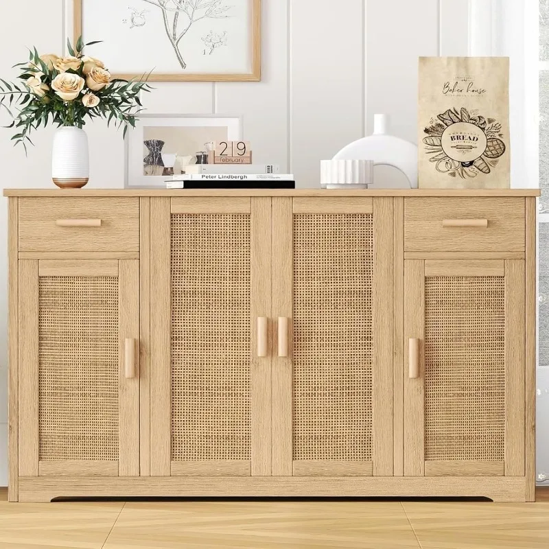 

Irontar Rattan Sideboard, Storage Cabinet with Rattan Doors & Adjustable Shelves, Farmhouse Buffet Cabinet & 2 Drawers