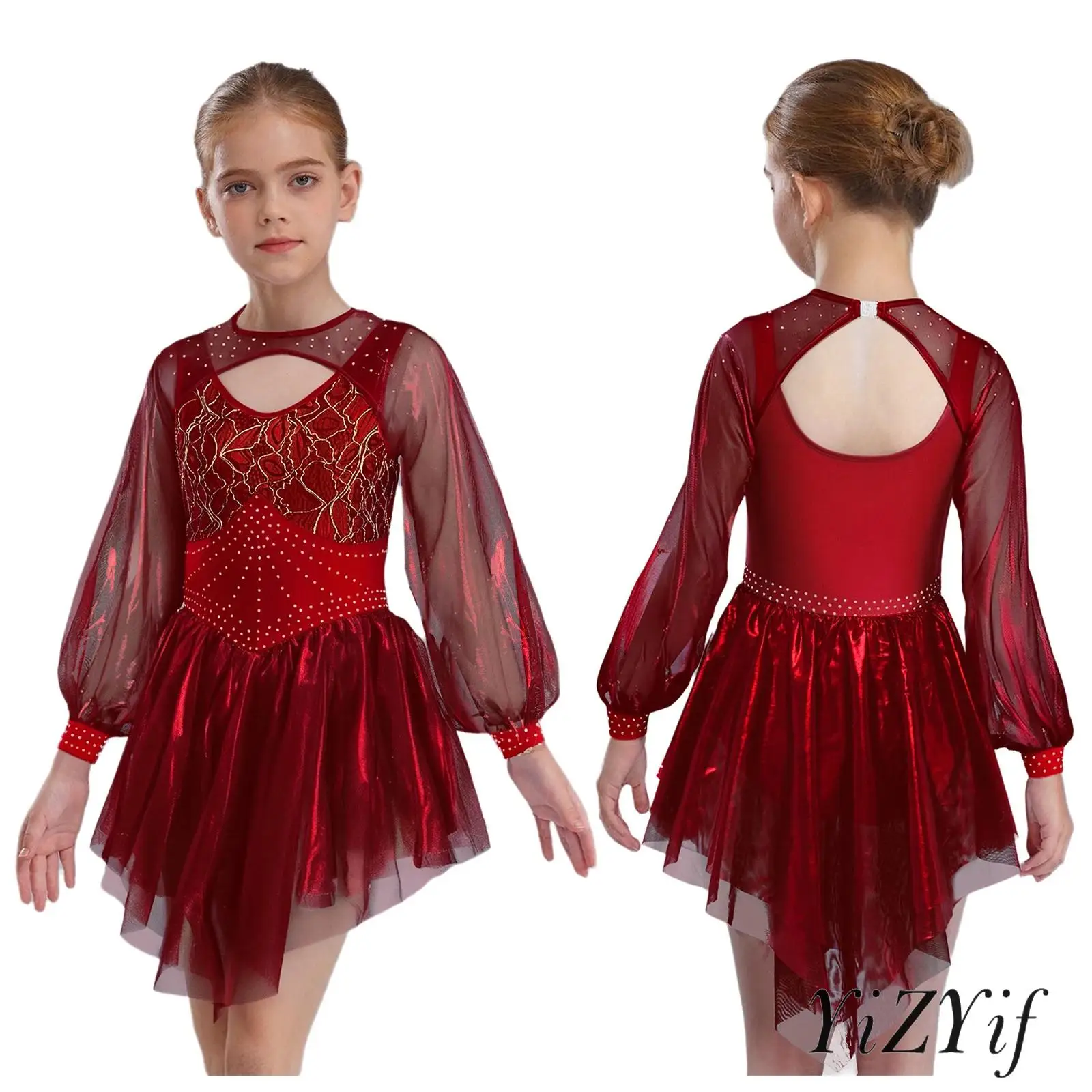 

Kids Girls Lyrical Dance Dress Long Sleeve Delicate Lace Shiny Rhinestone Irregular Hem Dance Leotard Dress Performances Costume