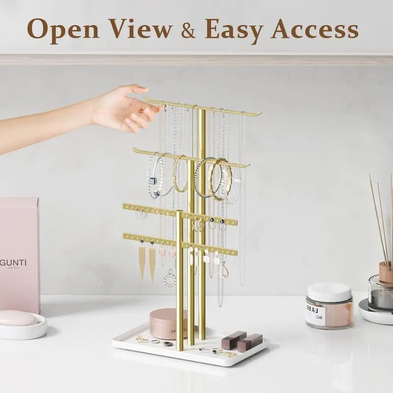 Large Jewelry Stand Holder Gold Necklace Organizer with Earring Bracelet Storage Rack for Bedroom Vanity Decor Gift